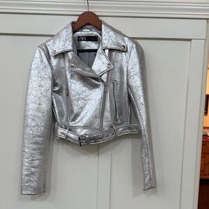 Zara Metallic Silver faux Leather Jacket
